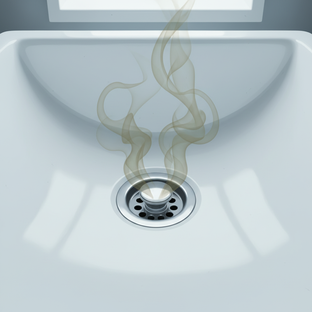 A close-up, slightly elevated shot looking down into a modern, clean bathroom sink drain. From the drain opening, subtle, wavy, greenish-brown gaseous fumes are visibly rising and dissipating into the air, indicating an unpleasant odor without being overtly repulsive. The surrounding sink basin is pristine and well-maintained, creating a visual contrast between cleanliness and the unseen issue emanating from the drain. The lighting is soft and natural, in a modern minimalist illustration style.