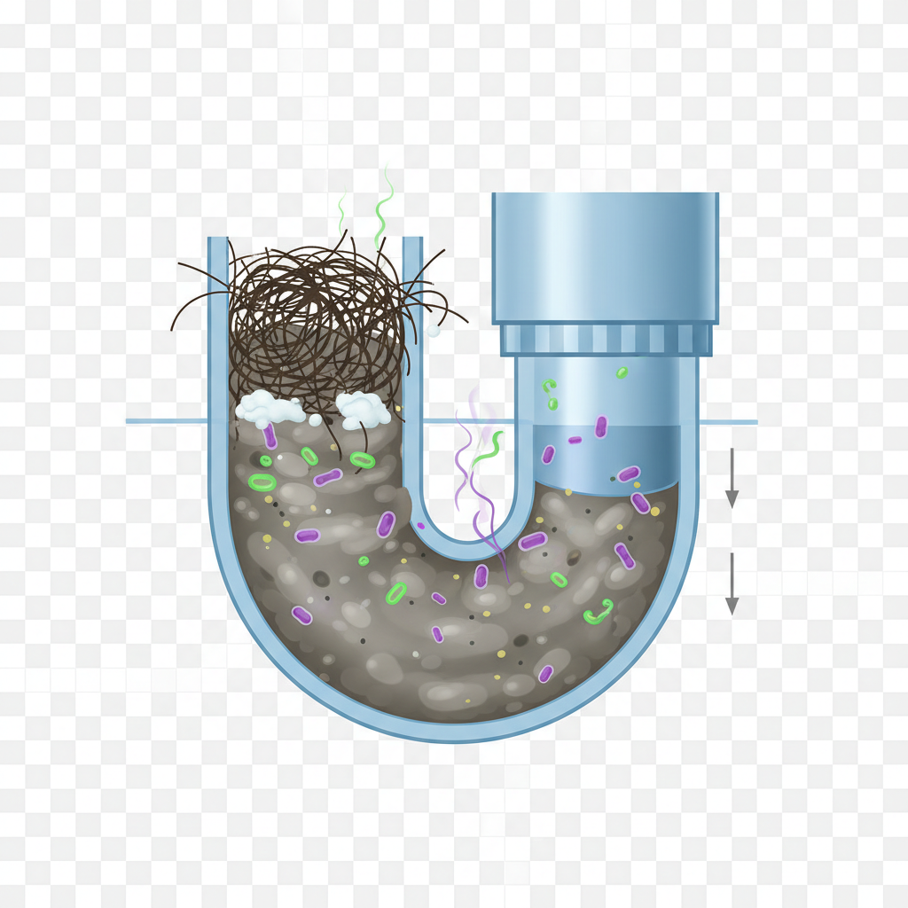 An educational cross-section diagram of a typical bathroom drain pipe and Siphon. Inside the pipe, a dense, layered accumulation of tangled dark hair, white soap scum, and grey-brown organic sludge is clearly visible, clogging the pathway. Tiny, illustrative microorganisms (bacteria) are depicted actively decomposing this debris, releasing small, swirling purple or green vapor particles that signify the foul-smelling gases. This should be in a detailed infographic style with clear layering.