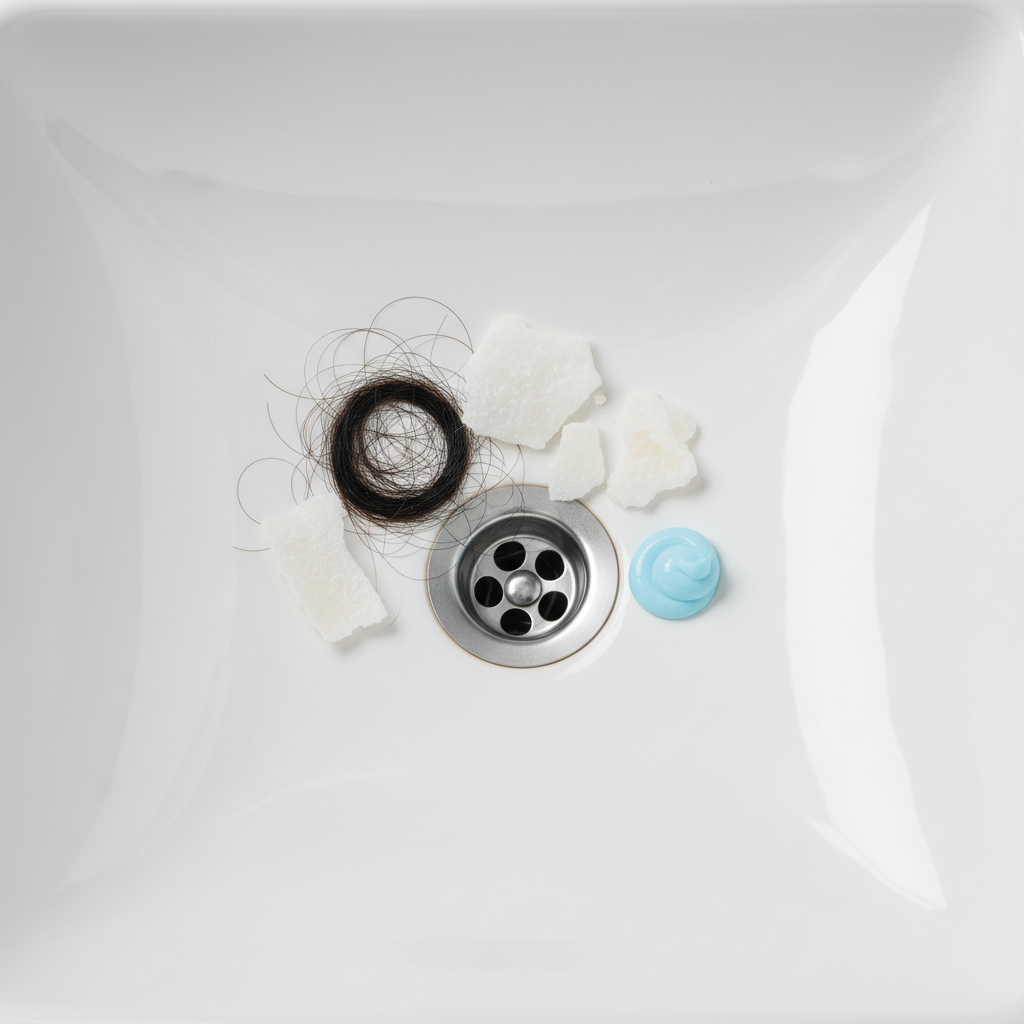 An overhead, clean product photography-style shot featuring a collection of common drain culprits. Centered on a pristine white ceramic sink basin, a small clump of dark, wet hair, several milky-white soap residue flakes, and a small dollop of light blue toothpaste are arranged near the circular drain opening. The items are distinct but subtly clustered, illustrating their combined potential for accumulation. The lighting is bright and even.