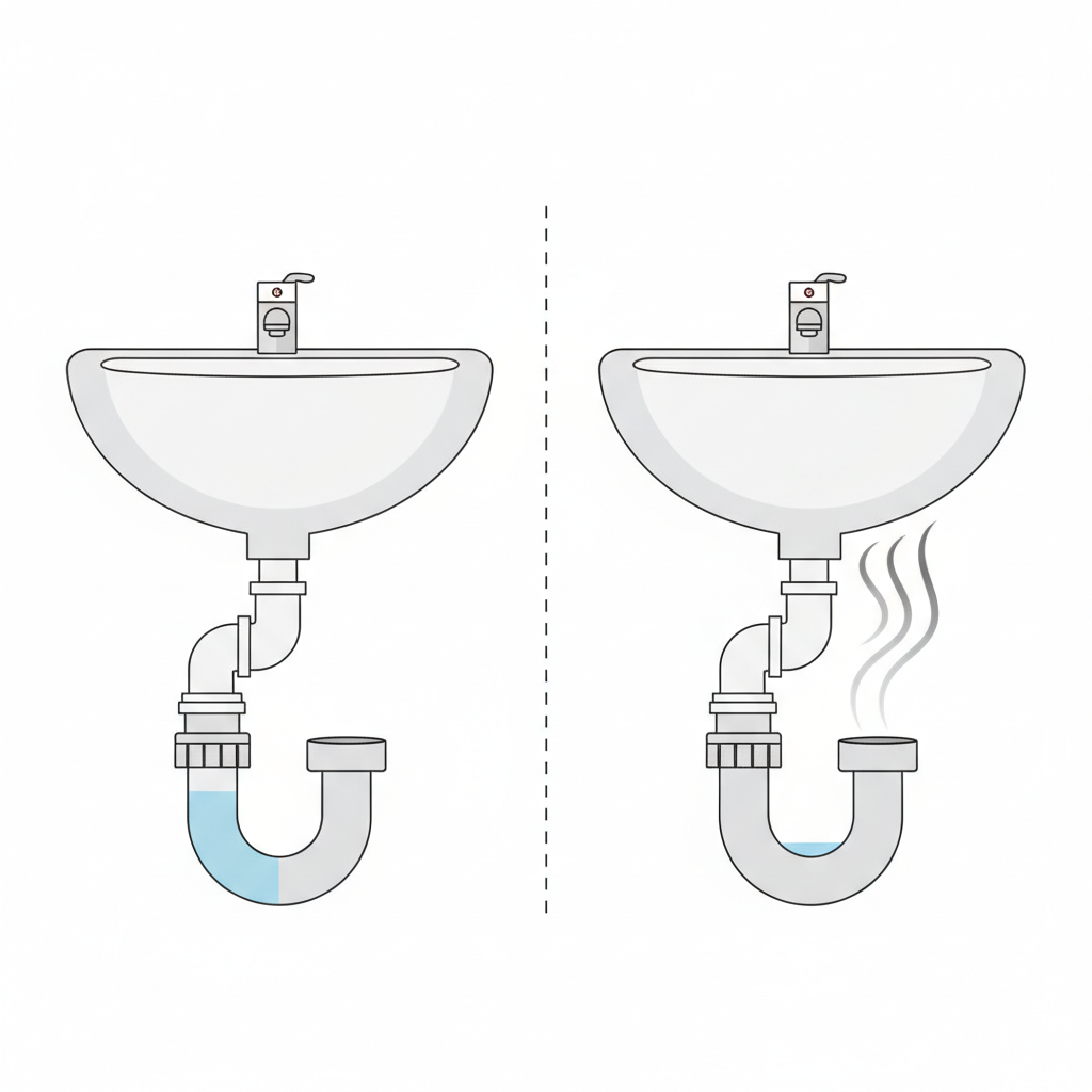 A simplified, clear infographic-style split diagram illustrating two identical bathroom sink Siphons (U-traps) side-by-side. The left Siphon is shown with a healthy, clear blue water seal filling its lower bend, effectively blocking the pipe. The right Siphon displays a significantly lower water level or completely dry state, with wavy, dark grey lines symbolizing sewer gas freely rising from the main pipe past the dry Siphon into the drain. Use clean, technical diagrammatic illustration.