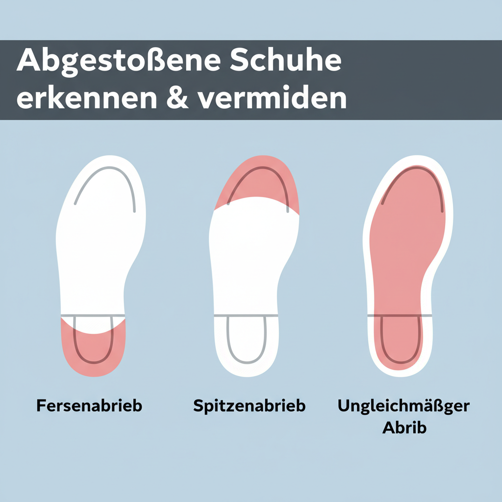 An infographic-style illustration depicting three distinct shoe sole diagrams side-by-side. Each diagram should be clean and simple, showing the bottom view of a shoe sole. The first diagram highlights 'Fersenabrieb' (heel abrasion) with a red shaded area on the outer heel. The second shows 'Spitzenabrieb' (toe abrasion) with red shading on the outer toe area. The third illustrates 'Ungleichmäßiger Abrieb' (uneven wear) with a broader, asymmetrical red area on one side of the sole. Use a modern, flat design with clear labels.