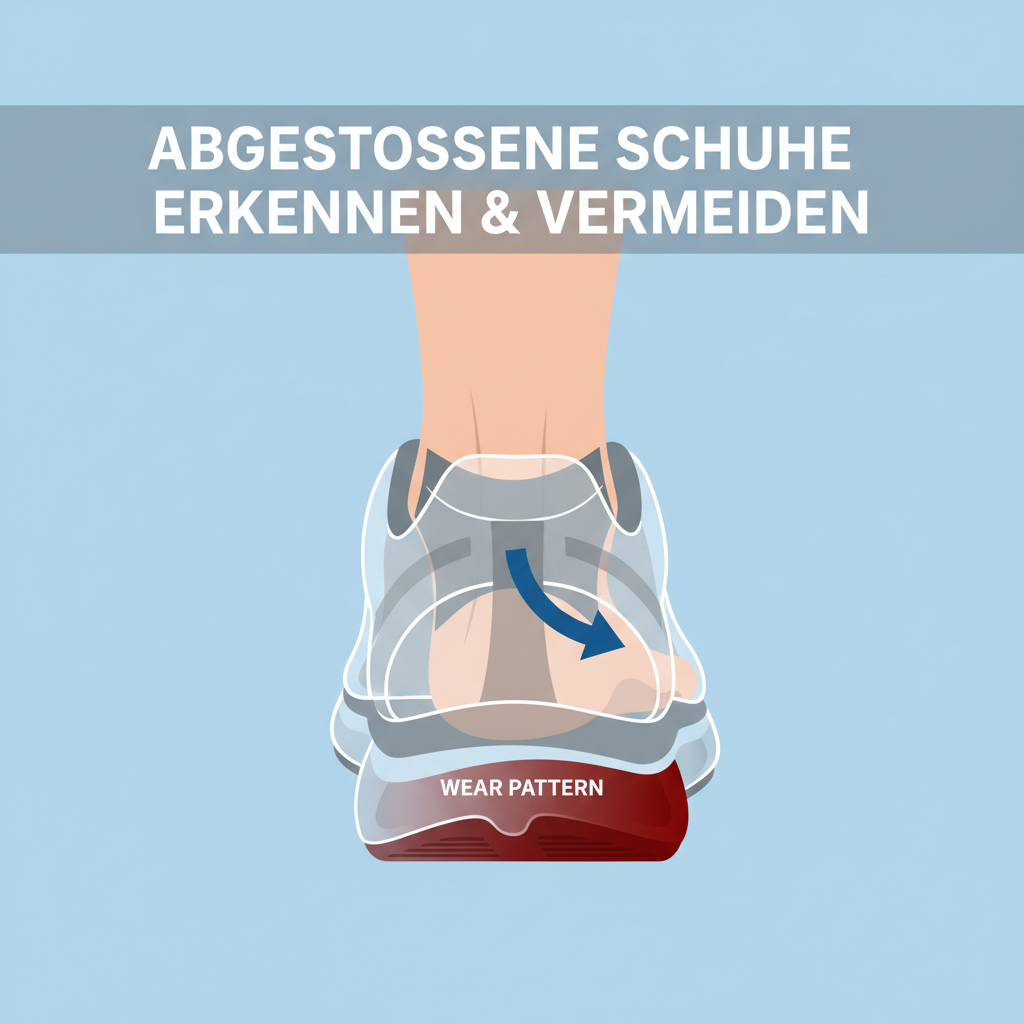 A clean, professional vector illustration depicting a simplified human foot inside a transparent shoe, viewed from behind. The illustration should clearly show the foot's pronation (inward rolling). Use an arrow to indicate the inward tilting motion of the ankle and foot, and a corresponding highlighted (e.g., red or darker) area on the outer heel of the transparent shoe sole, indicating typical pronation-related wear. The style should be educational and clear, suitable for explaining biomechanical causes of shoe wear.