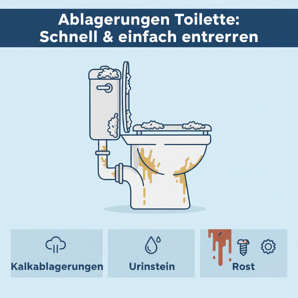 An infographic-style illustration clearly differentiating the three main types of toilet deposits: Kalkablagerungen (limescale), Urinstein (urine scale), and Rost (rust). Each type should have a distinct visual representation – e.g., white/grey crusts for limescale, yellowish-brown streaks for urine scale, reddish-brown patches for rust. A simplified cross-section of a toilet bowl shows where these deposits typically form, with clear labels in German for each deposit type. Clean flat illustration style with good use of color coding.