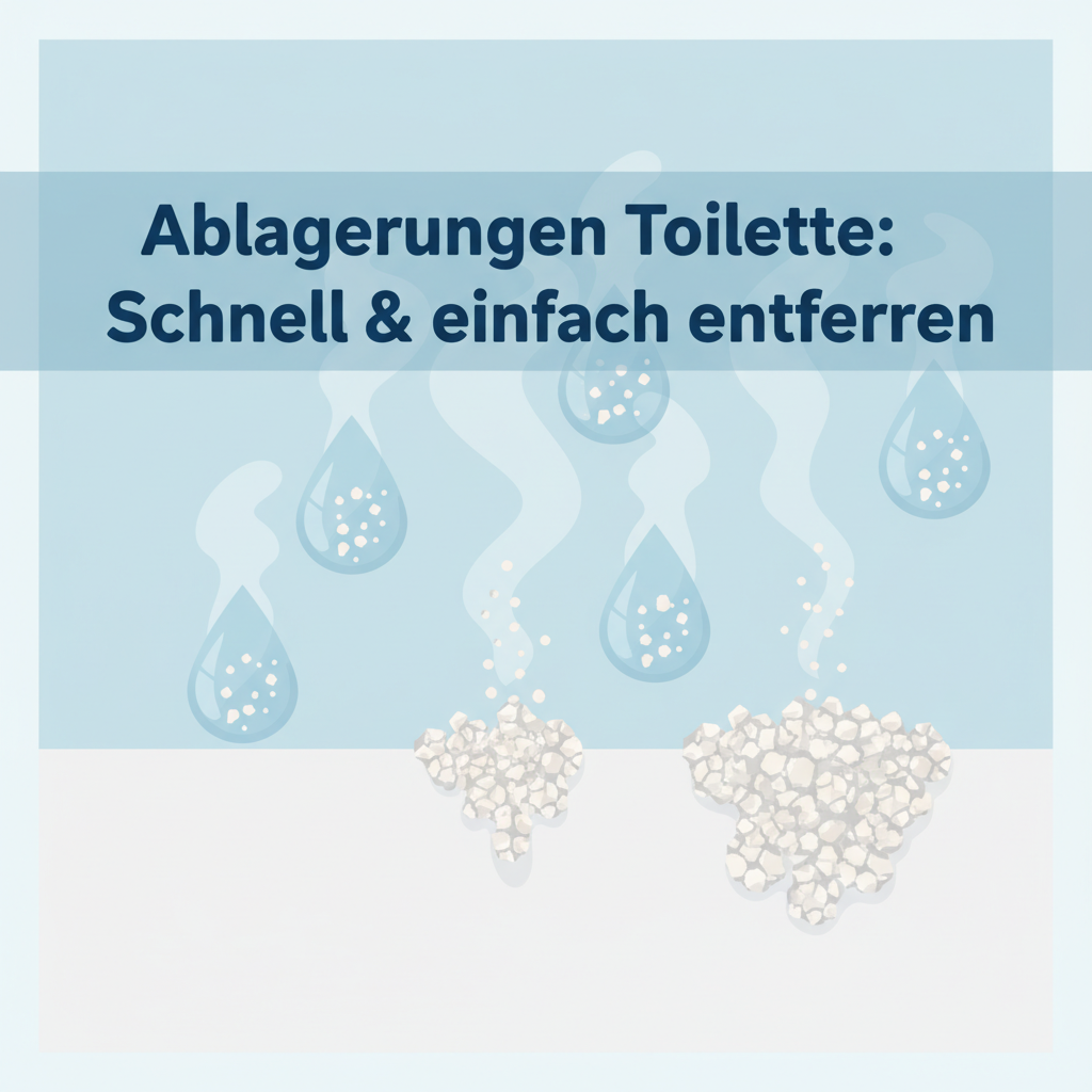 A conceptual illustration focusing on the formation of Kalkablagerungen (limescale). Show a stylized ceramic toilet surface with drops of water evaporating. Within the evaporating water droplets, tiny, stylized mineral particles (representing calcium and magnesium ions) are visible, which then solidify into textured white or grey crusty deposits on the surface as the water disappears. Modern flat illustration, slightly scientific yet accessible, using light blues for water and off-white/grey for minerals.