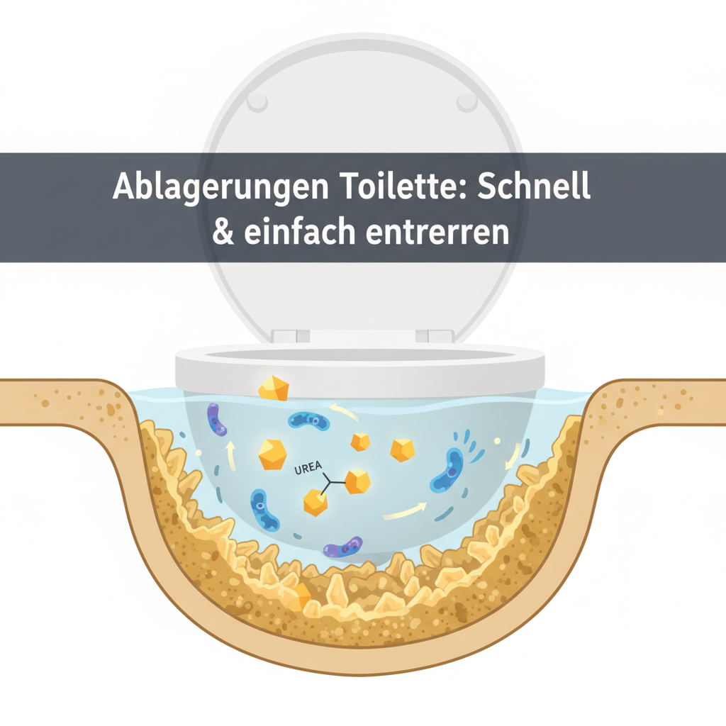 A vector illustration depicting the formation of Urinstein (urine scale). Show a cross-section of the toilet bowl at the water line. Microscopic bacteria (represented as simple, dynamic shapes) are shown interacting with stylized urea molecules in the water, leading to the gradual formation of yellowish-brown crystalline structures adhering to the ceramic surface below the water line. The illustration should hint at a chemical reaction without being overly complex. Clean, illustrative style with warm yellow-browns for the deposits.