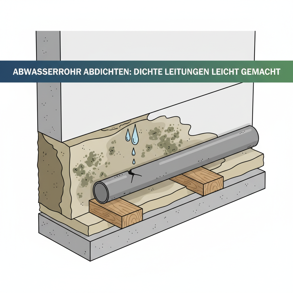 A cross-section illustration of a domestic wall or floor revealing a slightly cracked PVC wastewater pipe. Water droplets are visibly leaking from the pipe, seeping into the surrounding building materials, causing a patch of dampness and the beginnings of mold formation on the wall surface. The scene should convey a sense of hidden damage, with subtle unpleasant green/brown hues representing mold. Flat illustration style, detailed enough to show material degradation.