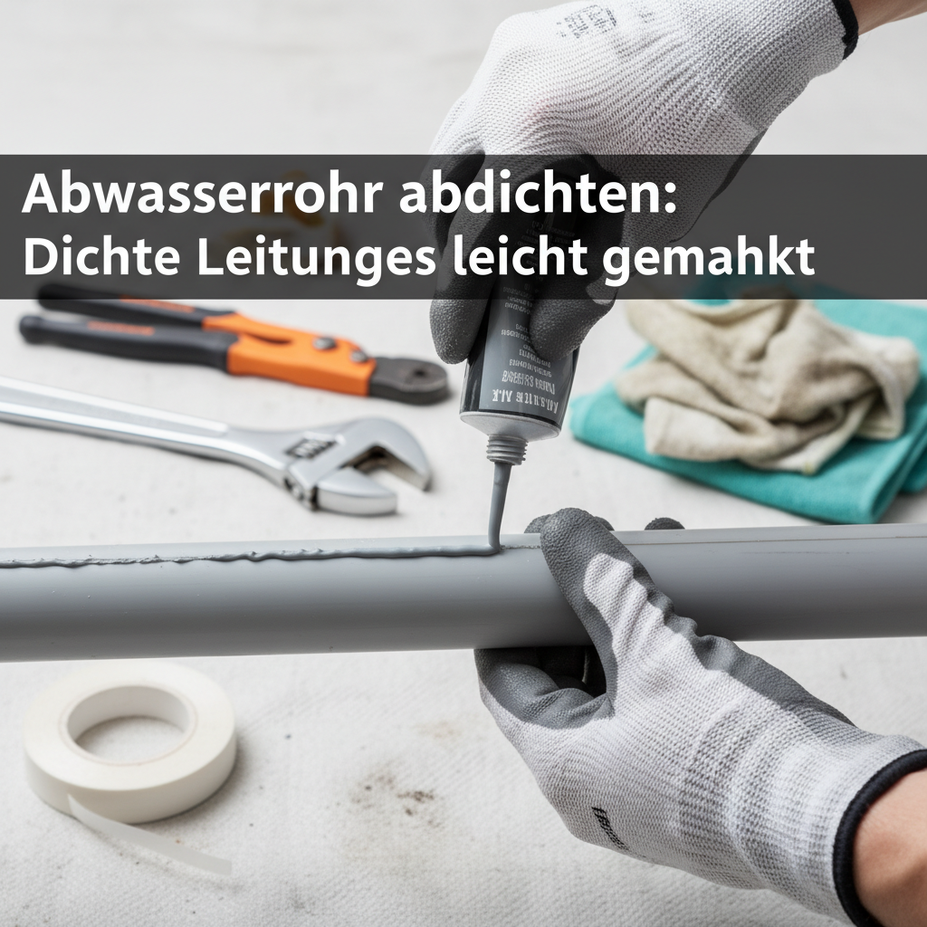 A professional, well-lit photo from a slightly elevated angle showing a pair of hands wearing work gloves actively sealing a gray PVC wastewater pipe. One hand holds a tube of sealant, applying it precisely to a visible joint or crack, while the other hand steadies the pipe. Various professional plumbing tools (e.g., wrench, cleaning cloths) are neatly arranged in the background, out of focus. The overall impression should be one of competence and effective DIY repair.