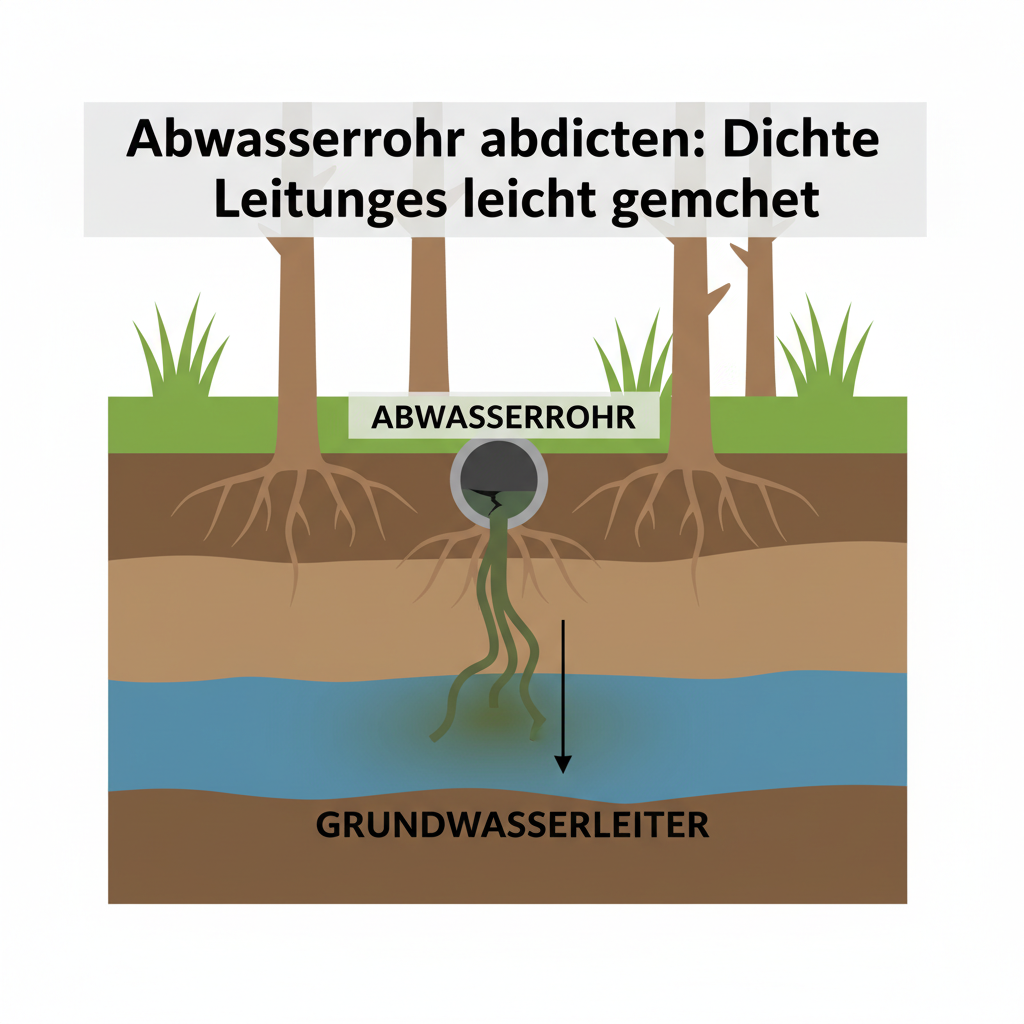 An infographic-style illustration depicting a cross-section of the earth, showing an underground wastewater pipe with a small leak. From the leak, dark contaminated water seeps downwards into layers of soil, visibly reaching and polluting the groundwater table. Tree roots are shown subtly growing near the pipe, emphasizing the potential for root intrusion and further damage. Use clear, distinct layers for soil and groundwater. Clean, diagrammatic style with clear visual flow.