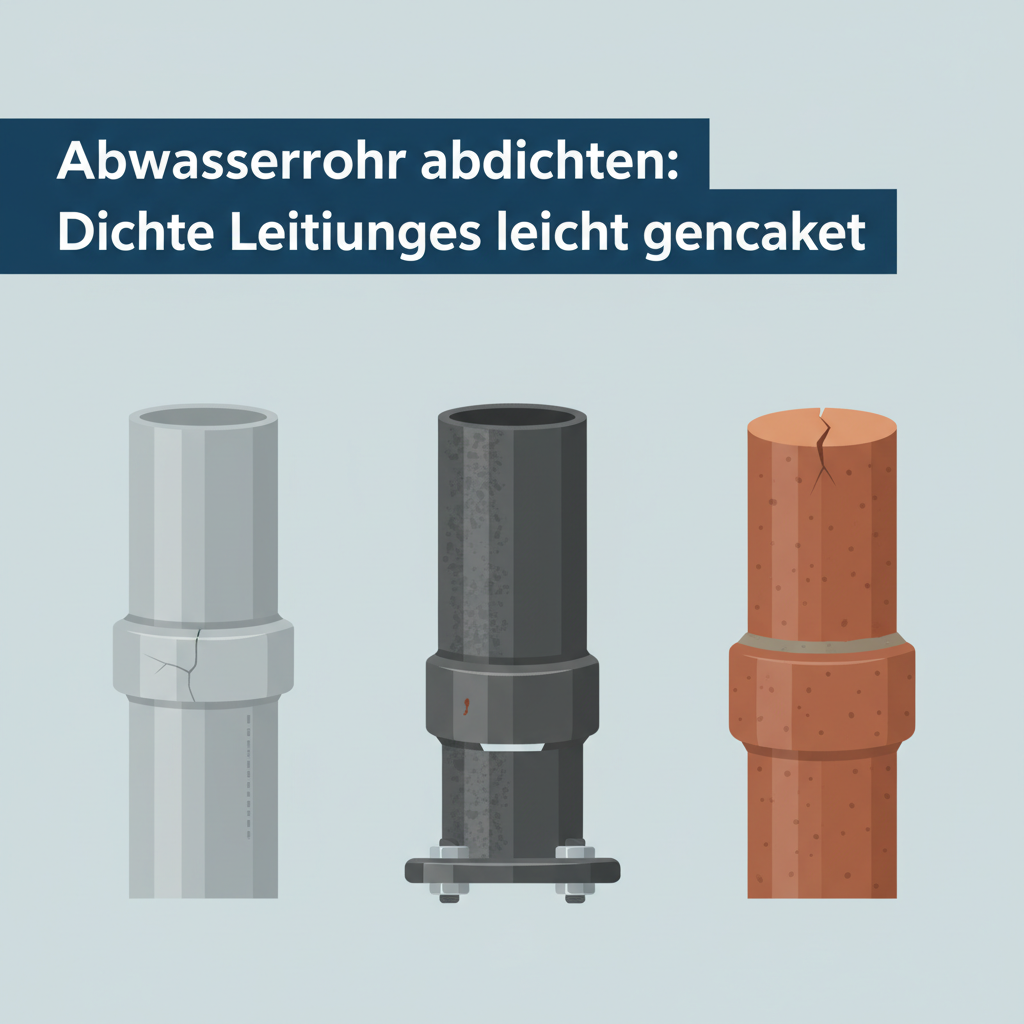 A clean, minimalist flat illustration showcasing three distinct types of wastewater pipes side-by-side in a vertical arrangement, partially cut away to show their material. From left to right: a light gray PVC pipe, a dark metallic cast-iron pipe, and a reddish-brown stoneware pipe. Each pipe segment should be clearly distinguishable by its texture and color, and feature a subtle, small visual indicator (e.g., a tiny crack or joint) where a potential leak could occur, without showing active leakage. The background is simple and uncluttered.