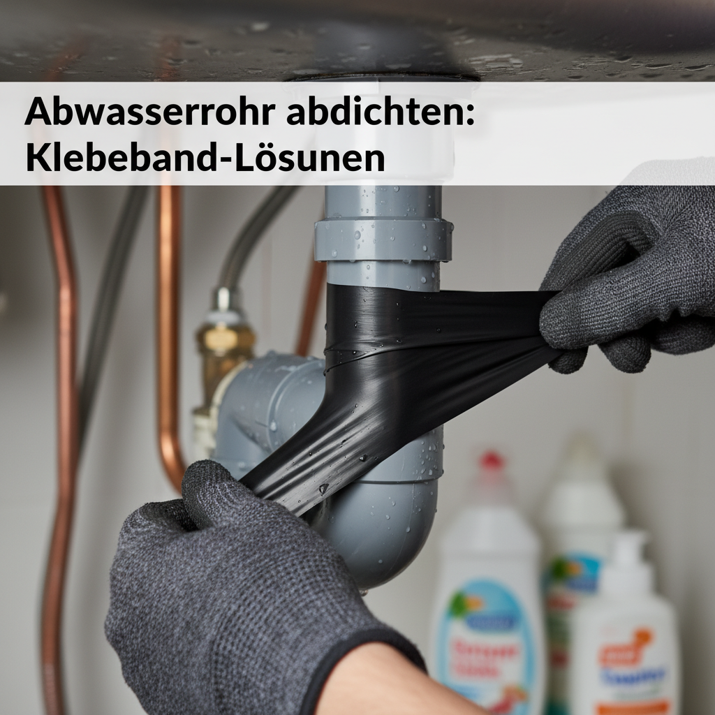 A close-up, action-oriented professional photo capturing hands expertly wrapping a section of black self-fusing silicone repair tape around a mock leaky grey drain pipe. The tape is partially applied, demonstrating its stretching and overlapping for a secure seal. The background is softly blurred, hinting at an under-sink or utility room environment, keeping the focus on the precise, effective application of the tape.
