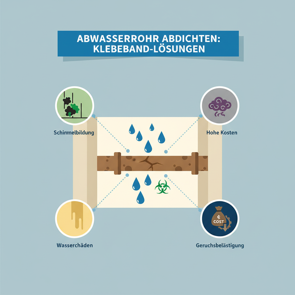 An infographic-style illustration depicting the multiple negative consequences of an unsealed leaky drain pipe. Show a stylized cross-section of a wall or floor with a damaged pipe, from which water or 'hazard' symbols emanate. Connect these to clear, distinct icons representing: visible mold growth, yellowing water stains on a wall, unpleasant odor clouds, and a money bag with a 'down' arrow or a 'cost' symbol. Use a clean, informative aesthetic with a clear visual hierarchy and a limited, functional color palette.