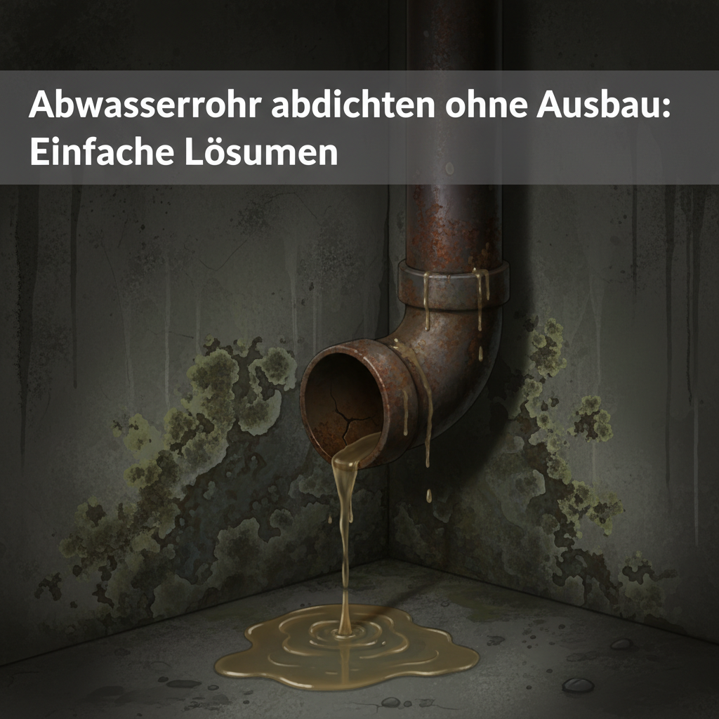 A dark, damp corner of a basement or behind a wall, showing a section of an old, corroded wastewater pipe with water visibly dripping or seeping from a crack. Around the leak, there should be signs of water damage: dampness spreading on a concrete wall, perhaps a small puddle, or even subtle mold growth starting. The overall atmosphere should be a bit grim but informative, highlighting the urgent need for repair. Style: Realistic digital illustration with dramatic lighting.