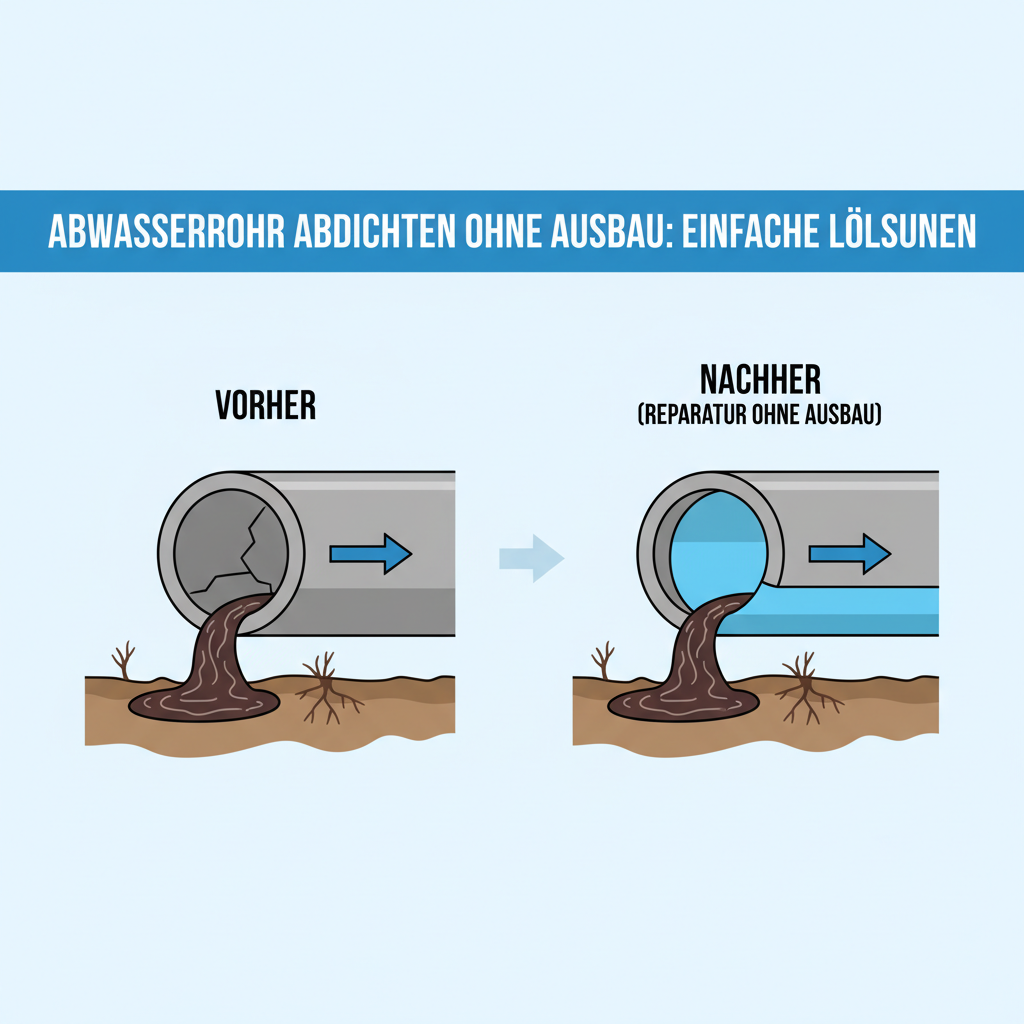 A clear, informative infographic-style illustration depicting a cross-section of a damaged wastewater pipe (e.g., with a small crack or hole). On one side, the pipe is shown leaking. On the other side, the same pipe section is shown seamlessly repaired with an internal patch or lining, demonstrating the 'no-dig' solution. Arrows could indicate the contained wastewater flow. The background should be clean and simple, highlighting the effectiveness of the repair. Style: Flat vector illustration, infographic style, clean lines.