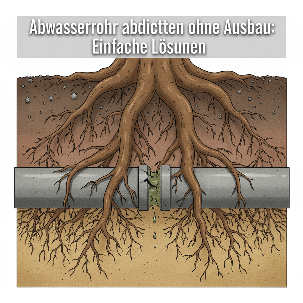 A detailed cross-section illustration showing an underground wastewater pipe. Prominent, strong tree roots are visibly growing towards and penetrating a small crack or joint in the pipe, causing wastewater to slowly seep out into the surrounding soil. The various soil layers and the dense root system should be clearly depicted, emphasizing how nature can damage infrastructure. Style: Scientific diagram meets detailed illustration, earthy tones, informative.