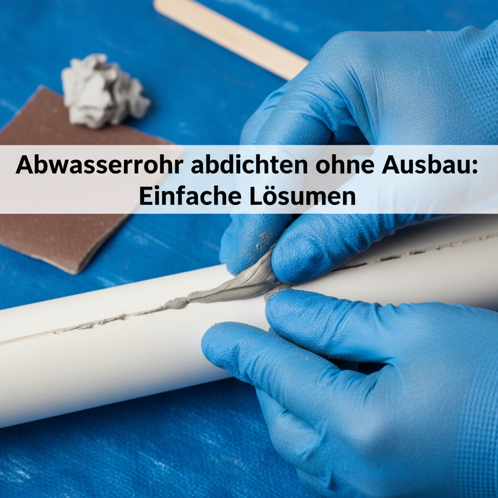 A close-up, brightly lit professional photo of a person's hands (wearing work gloves) carefully applying a specialized repair bandage or an epoxy putty to a small, visible crack on an exposed, accessible section of a PVC wastewater pipe. The focus should be sharp on the hands and the repair material, suggesting a practical, easy-to-implement DIY solution. Tools like sandpaper or a mixing stick might be subtly visible in the background. Style: High-resolution professional photo, clear focus, bright and clean.