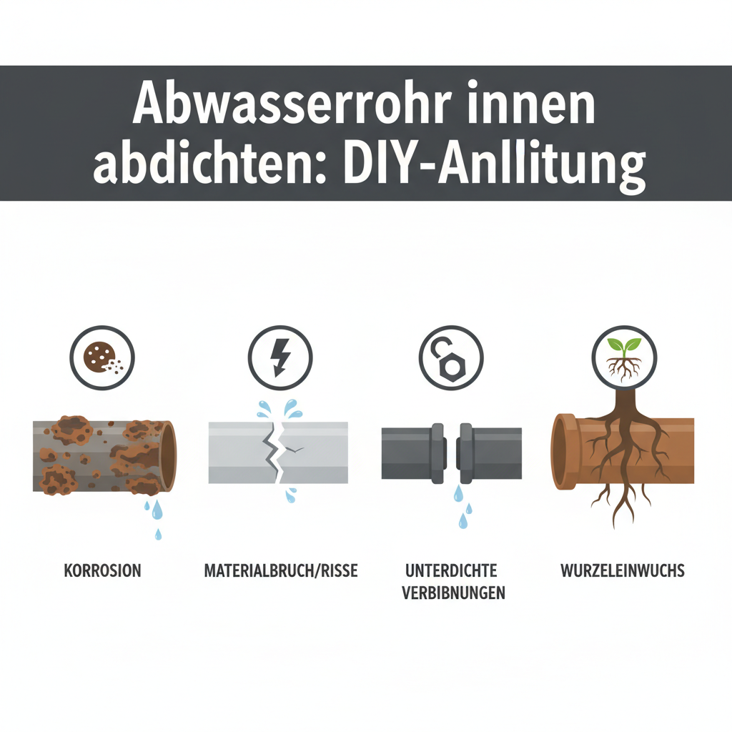 An infographic-style illustration presenting various common causes of leaky wastewater pipes. The image features four distinct, stylized pipe sections arranged horizontally: one showing significant corrosion on a metal pipe, another with a clear, sharp crack on a plastic pipe, a third depicting a poorly connected joint with an obvious gap, and a fourth illustrating tree roots visibly penetrating and fracturing the pipe wall. Each section is accompanied by a small, relevant icon (e.g., a rust symbol, a lightning bolt for cracks, an unfastened bolt, or a plant seedling). The design should be clean, vector-based, and easy to interpret with clear labels.