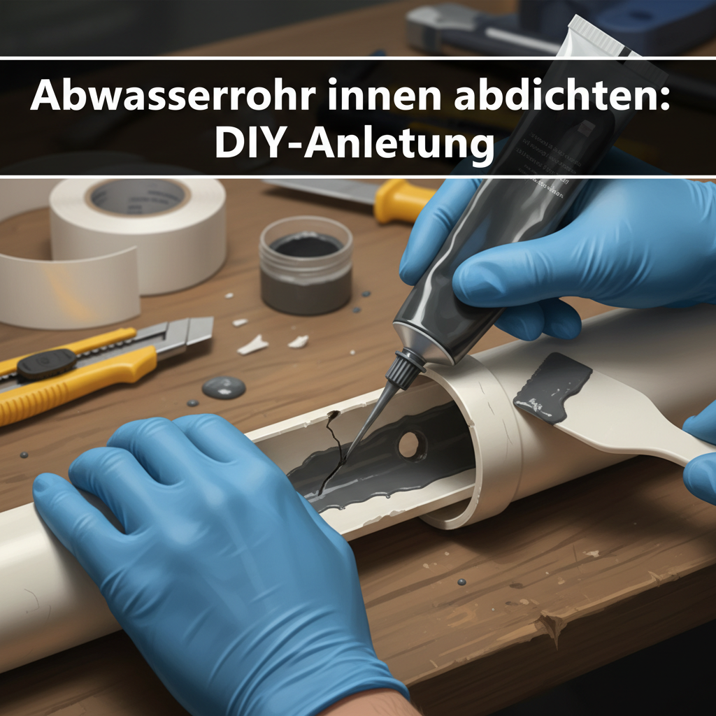 A detailed illustration focusing on a close-up view of gloved hands performing an internal pipe repair. The hands are carefully applying a specialized repair tape or a viscous sealing compound to the interior surface of a damaged plastic wastewater pipe. The pipe is presented in a partial cutaway, allowing a clear view of the hands working inside to cover a visible crack or small perforation. The action emphasizes precision and careful application, conveying a sense of practical, hands-on DIY work. Tools like a small spatula or utility knife are subtly visible nearby in a realistic style.