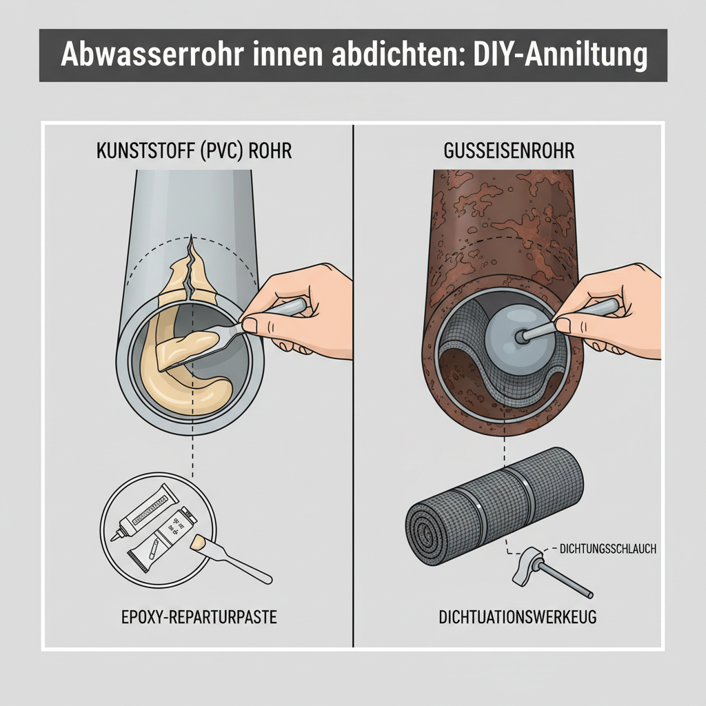 A technical illustration, split into two distinct panels, comparing repair methods for different pipe materials. The first panel features a modern, clean plastic (PVC) pipe segment with a minor crack, being sealed from the inside using an epoxy-based repair paste applied with a small spatula. The second panel displays an older, visibly corroded cast-iron pipe segment, showing a different internal sealing solution, such as a flexible, inner sleeve or clamp being installed. Adjacent to each pipe, subtly include simplified representations of the specific sealing products or tools used. The style should be clean, almost schematic, clearly highlighting the material-specific repair approaches.