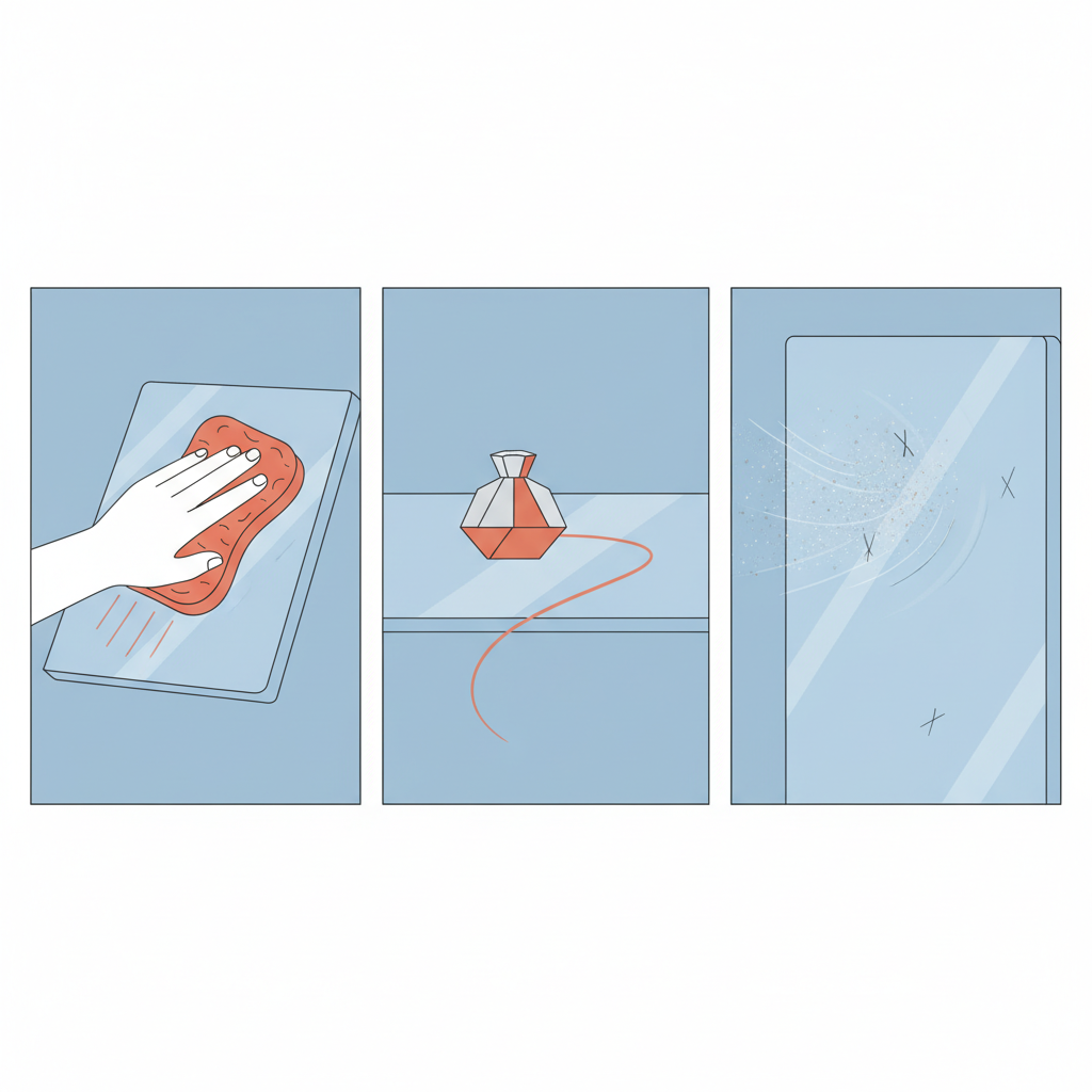 A multi-panel flat illustration depicting various common causes of scratches on acrylic surfaces. Panel 1: A stylized hand using a rough, abrasive sponge or scrub pad on a clear acrylic sheet, creating faint lines. Panel 2: A simple object, like a small decorative item, being dragged across another acrylic surface, leaving a visible scratch trail. Panel 3: Fine dust or sand particles being subtly moved across an outdoor acrylic panel by an invisible force, hinting at environmental abrasion. The overall aesthetic should be clean, modern, and easily understandable, using a limited color palette that highlights the acrylic and the damaging elements.