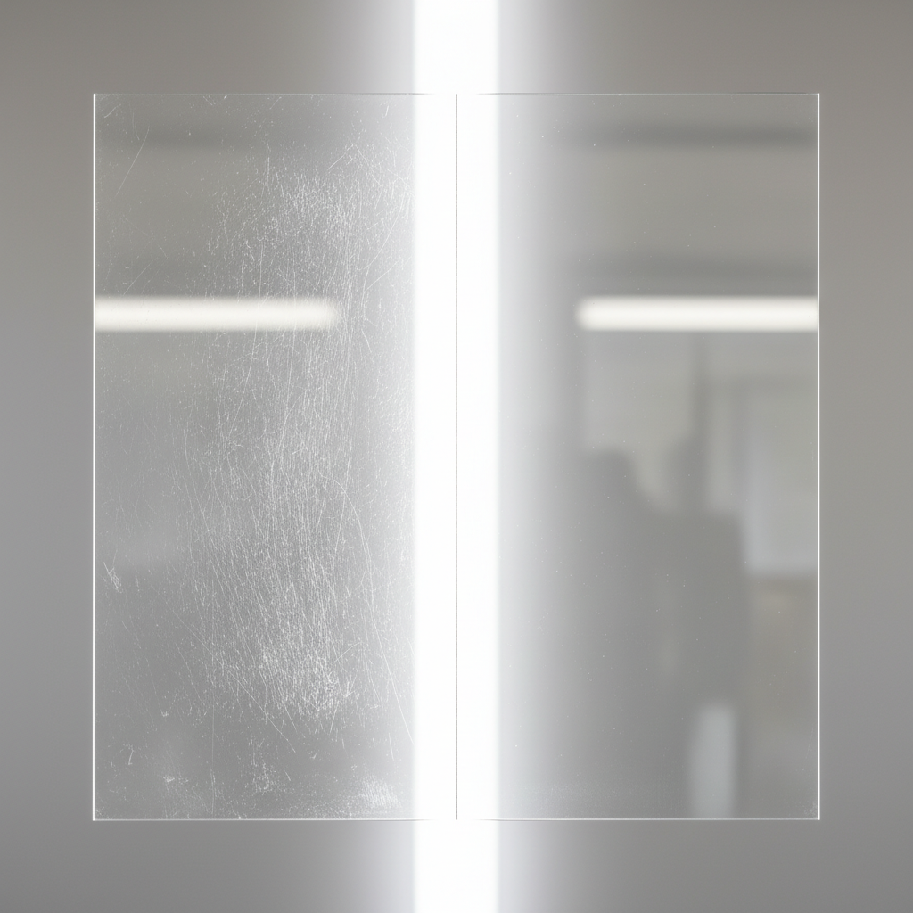 A realistic, high-resolution product photograph or render showcasing a striking before-and-after comparison of an acrylic surface. On the left side, a section of clear acrylic is visible with numerous fine and shallow scratches, causing a slight haziness and dull, diffused reflection of light. On the right side, the same acrylic material is depicted as perfectly clear, smooth, and highly reflective, appearing brand new and allowing for crisp reflections. The transition between the two states should be distinct, emphasizing the successful restoration of transparency and shine. The lighting should dramatically highlight the texture differences effectively.