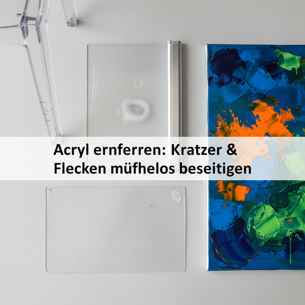 A professional flat lay photograph of various household items made of acrylic, such as a transparent modern chair leg, a section of a clear shower screen, a sleek display cover, and a vibrant acrylic painting on a canvas. Each item should subtly display minor imperfections like faint scratches, a small smudge, or dried water spots, symbolizing the common challenges discussed in the article. The overall aesthetic is clean and modern, with good lighting highlighting the acrylic's texture and transparency.