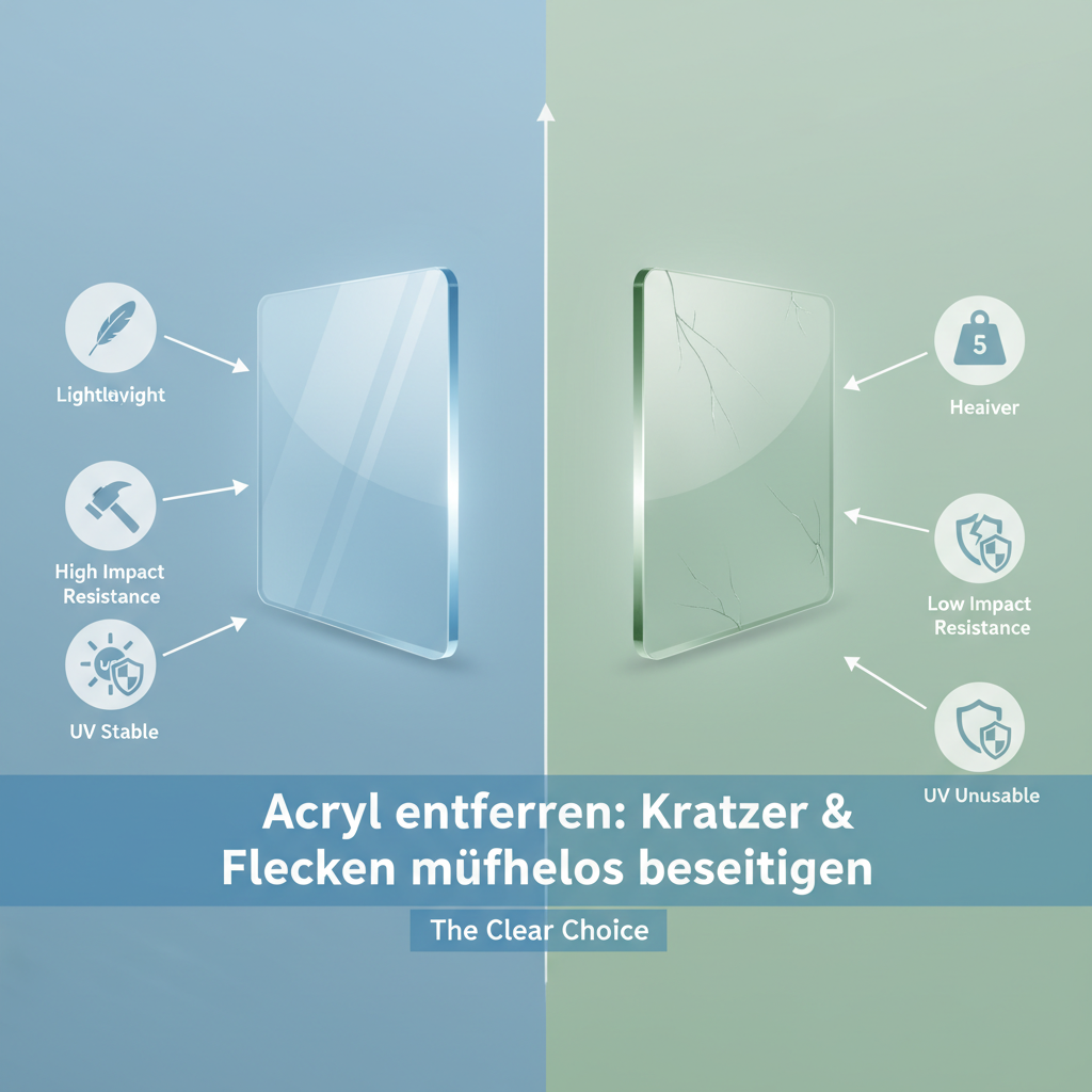 A modern infographic-style illustration comparing acrylic (PMMA) to traditional glass. On one side, a stylized, perfectly clear acrylic sheet with labels pointing to 'Lightweight,' 'High Impact Resistance,' and 'UV Stable.' On the other side, a slightly heavier, less durable-looking glass sheet with subtle cracks. The image should use a clean color palette (blues, greens, grays) and simple, clear icons to convey the superior properties of acrylic, emphasizing its transparency and resilience.