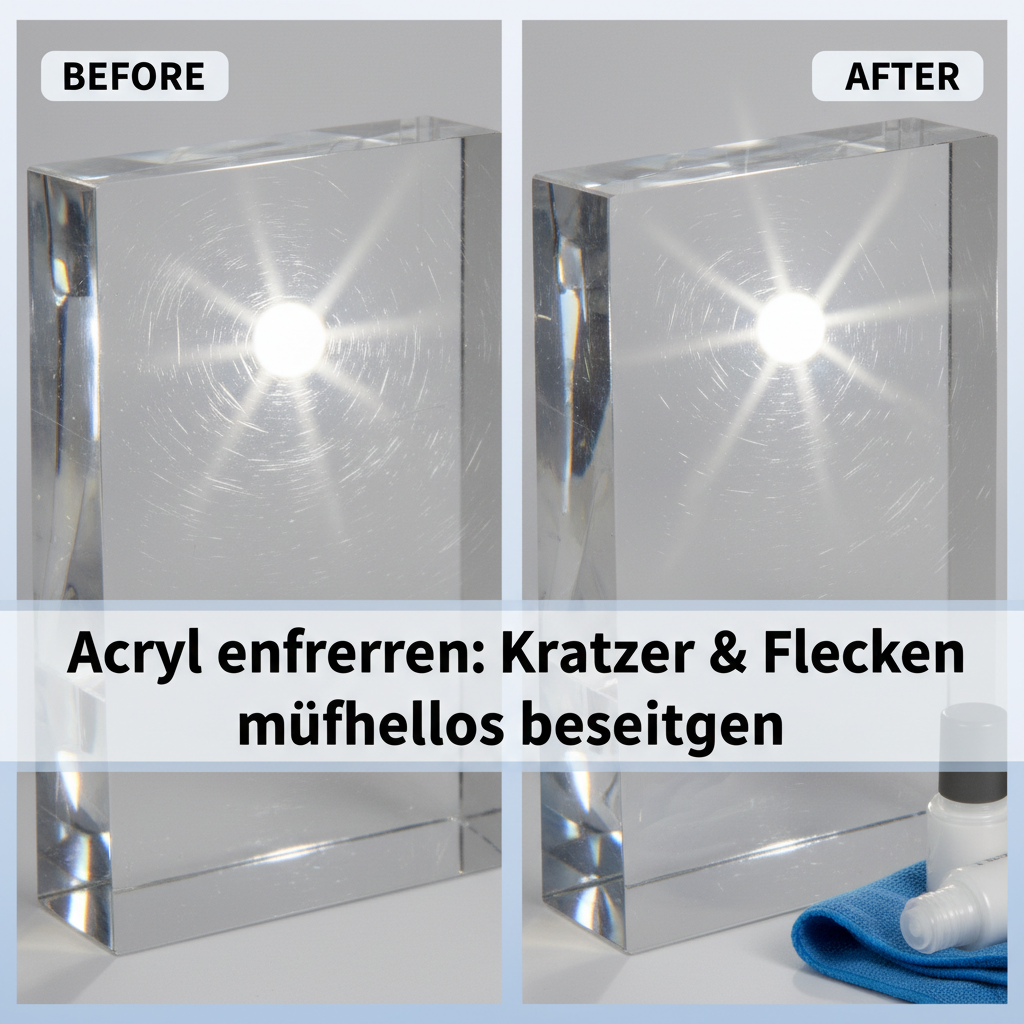 A clear and crisp split-screen illustration or a 'before-and-after' sequence for removing scratches from acrylic. The 'Before' side shows a close-up of a polished acrylic surface with several visible, fine scratches, perhaps reflecting a distorted light source. The 'After' side depicts the same area, now perfectly smooth, clear, and reflective, with the scratches completely gone. A subtle polishing cloth or a small bottle of polish could be partially visible in the 'After' section, hinting at the solution. Soft, even lighting.