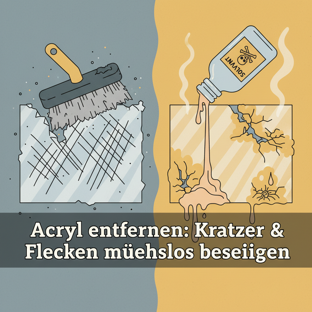 A conceptual flat illustration depicting the pitfalls of improper acrylic cleaning. On one side, an aggressive, abrasive sponge or scrub brush hovering over a cloudy, heavily scratched acrylic surface. On the other side, an open bottle of a harsh chemical (like a generic solvent) dripping onto an acrylic panel that shows signs of chemical etching or discoloration. The illustration should use a muted, slightly warning-like color scheme (e.g., yellows, grays, desaturated colors) to emphasize damage, with clear, easily understandable visual metaphors for harm.