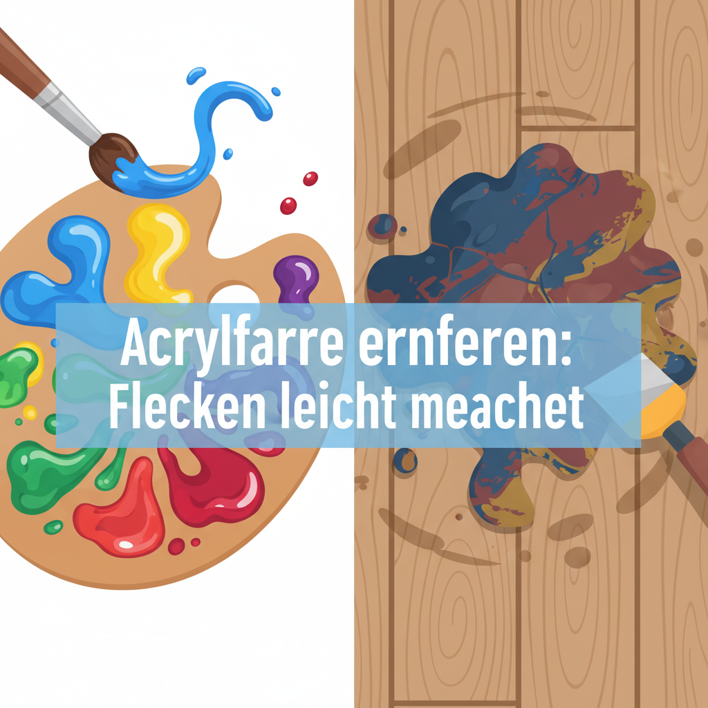 A vibrant, eye-catching flat illustration depicting the dual nature of acrylic paint. On one side, a painter's palette with a splash of colorful, wet acrylic paint, suggesting creativity and ease of use. On the other side, a clearly visible, hardened, and textured dried acrylic paint stain on a common surface like a wooden floor or denim fabric, conveying the challenge of removal. Use bright, clean colors for a modern blog aesthetic.