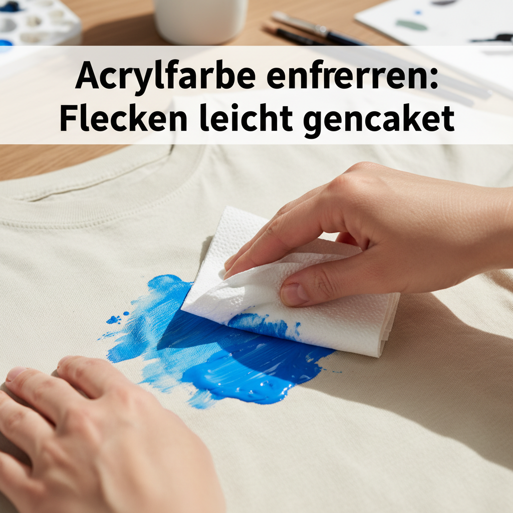A professional, well-lit close-up photo from a slightly elevated angle, showing hands quickly dabbing a fresh splash of bright blue acrylic paint off a light-colored cotton t-shirt with a clean white paper towel. The action should convey urgency and effectiveness, with the paint just beginning to spread but being immediately addressed. The background should be softly blurred to maintain focus on the hands and the paint stain.