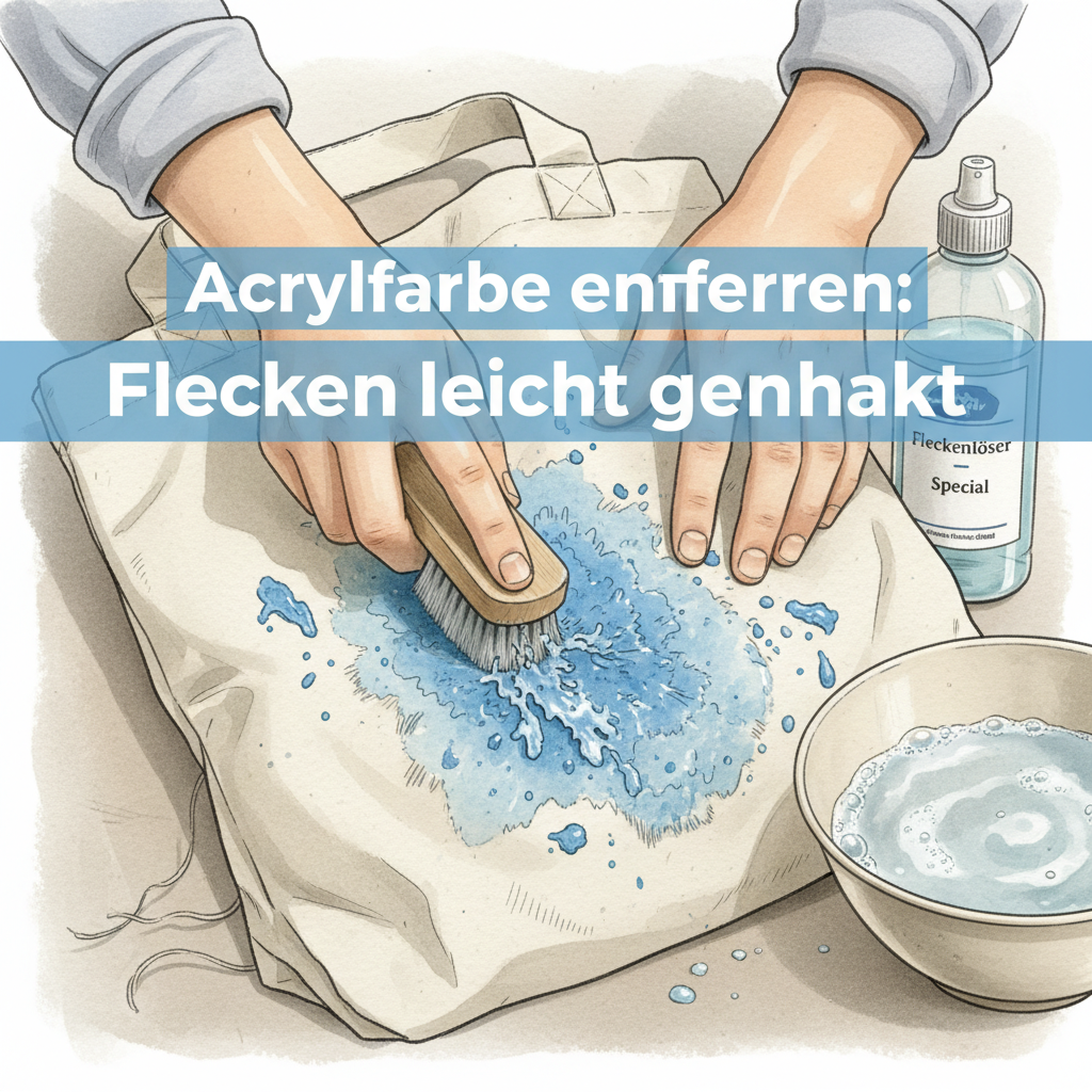 A detailed semi-realistic illustration of hands carefully tackling a dried acrylic paint stain on a piece of fabric, perhaps an old t-shirt or canvas bag. The scene should include elements like a bowl of soaking water, a small scrub brush, and a bottle of a generic cleaning solution nearby, highlighting the multi-step and more involved process required for stubborn, dried stains. Emphasize the texture of the dried paint on the fabric.