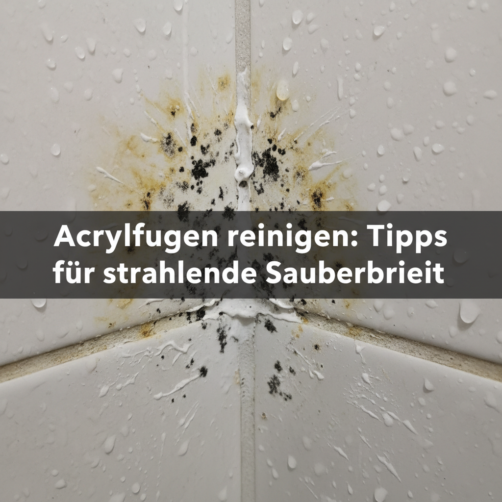 A close-up, slightly magnified professional photo of a grimy, neglected white acrylic joint in a bathroom or kitchen setting. The joint should clearly show visible signs of black mold spots, yellowed or brownish discoloration, and streaks of soap scum or limescale build-up. The surrounding tiles or surface should appear damp or show water marks, emphasizing the high-moisture environment that contributes to the dirt. The overall impression should be unhygienic and aesthetically displeasing, highlighting the necessity of cleaning. Style: professional photo, realistic, slightly grungy detail.