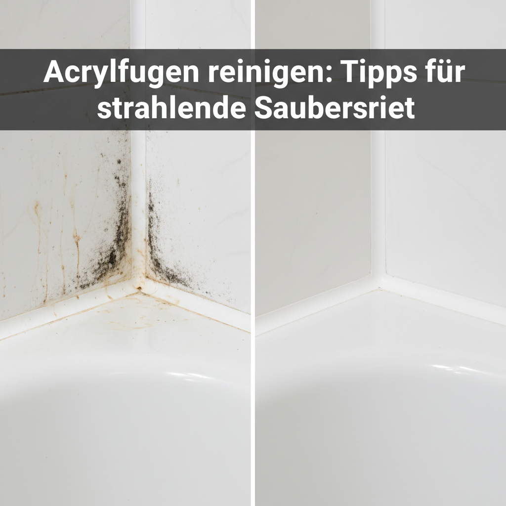 A side-by-side comparison professional photo, split vertically down the middle, showcasing the dramatic difference in an acrylic joint. The left side depicts a segment of a joint heavily stained with black mold and yellowish soap scum, looking dull and unhygienic. The right side shows the identical section of the joint after thorough cleaning: sparkling white, pristine, and perfectly sealed, radiating freshness and cleanliness. The image should convey both improved aesthetics and hygiene, emphasizing the 'before and after' impact. Style: professional photo, clean, striking before-and-after contrast.