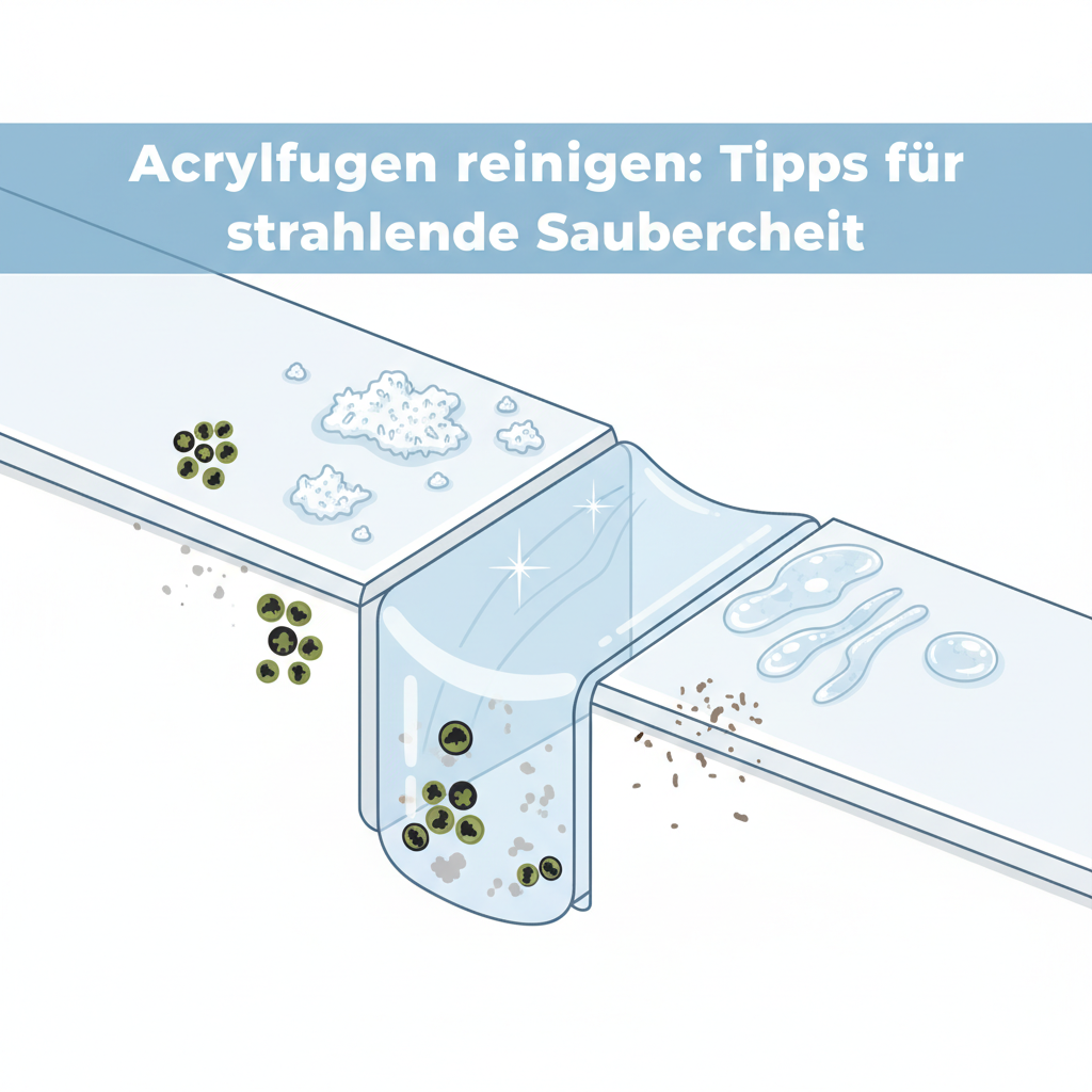 A clear, clean flat illustration showing a cross-section of an acrylic joint between two tiles or surfaces. Different types of common contaminations are visually depicted as distinct layers or spots on and within the joint. For instance, small black/green fungi symbols for mold, white chalky textures for limescale, glossy translucent blobs for soap residue, and brownish specks for general dirt/grease. Each type of dirt should be subtly distinct, making it easy to understand the different challenges addressed in the article. Style: flat illustration, infographic style, clear, modern.