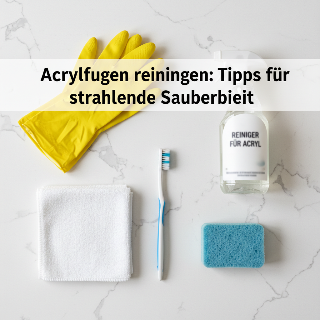 A top-down, neatly arranged flat lay professional photo showing essential tools and materials for cleaning acrylic joints. Items should include a pair of blue or yellow rubber cleaning gloves, a soft white cleaning cloth, a small sponge, an old toothbrush with visible bristles, and a generic bottle of cleaning solution (label blurred or generic). The items are laid out on a clean, light-colored bathroom or kitchen counter, suggesting preparedness and organization before starting a cleaning task. Style: professional photo, flat lay, clean, practical.