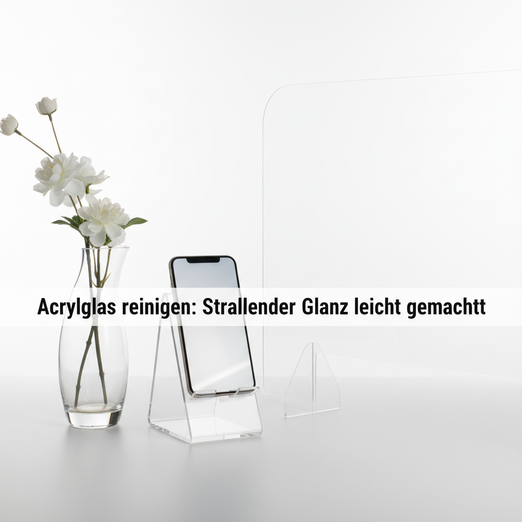 A visually appealing, brightly lit studio photo showcasing several everyday objects made from clear acrylic glass, emphasizing its versatility and transparency. The composition includes a sleek, modern display stand holding a smartphone, a small, elegant decorative vase, and a portion of a protective shield, all sparkling clean and reflecting light. The background is minimalist and bright, highlighting the material's inherent beauty and various applications mentioned in the article. Style: Professional product photography.
