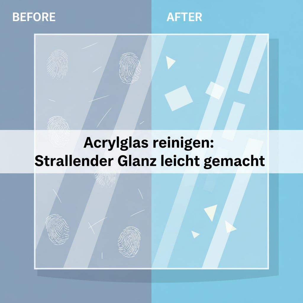 A split-screen or 'before & after' flat illustration depicting an acrylic surface. On the 'before' side, show an acrylic pane covered in visible smudges, fingerprints, and a few light scratches, appearing dull and cloudy. On the 'after' side, show the same pane perfectly clear, shiny, and free of imperfections, beautifully reflecting ambient light. This clearly illustrates the importance of proper cleaning to maintain aesthetic appeal and clarity. Style: Clean, modern flat illustration with a strong visual contrast.