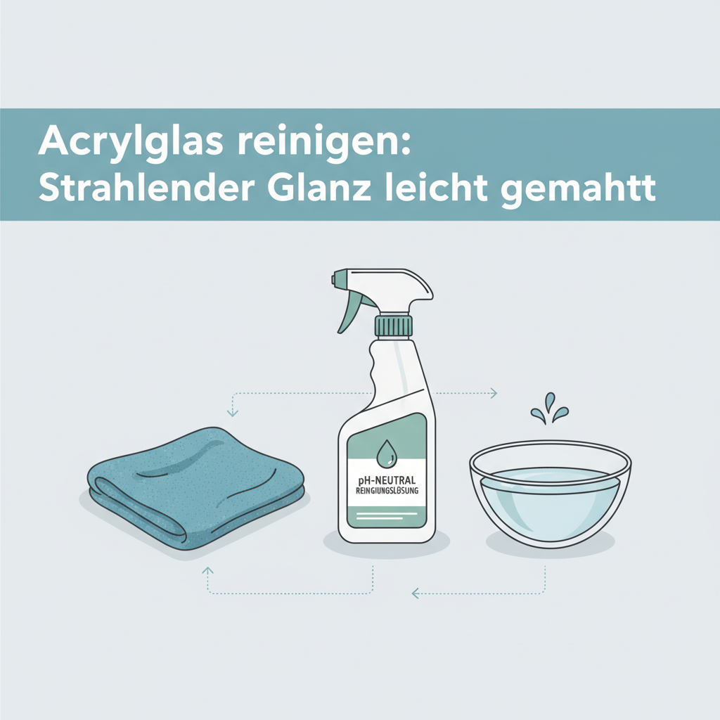 An infographic-style illustration clearly showcasing the essential, gentle tools and materials required for cleaning acrylic glass. The composition features a soft, high-quality microfiber cloth, a spray bottle labeled with a gentle, non-abrasive cleaning solution (perhaps hinting at 'pH-neutral'), and a small bucket or bowl of clean water. The items are neatly arranged on a clean, light surface, suggesting an organized approach. Style: Minimalist infographic illustration with clear lines and soft colors.