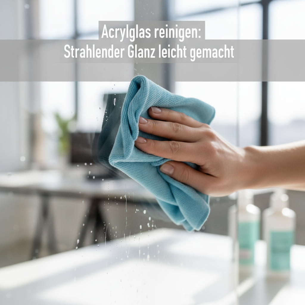 A professional, bright photo capturing a close-up of a hand gently wiping an acrylic surface with a soft, clean microfiber cloth. The acrylic surface is already partially sparkling and highly reflective, with a few remaining droplets of a mild cleaning solution visible, suggesting the ongoing process. The focus is on the careful, delicate motion, emphasizing the 'strahlender Glanz' (radiant shine) being achieved through proper technique. Style: Professional, clean lifestyle photography with a focus on action and result.