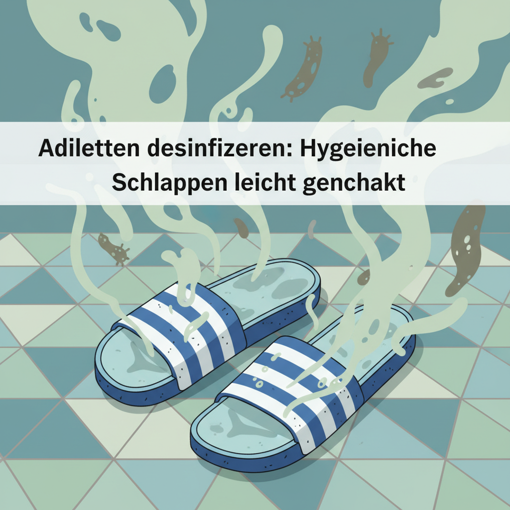 A vibrant, conceptual flat illustration showing a pair of well-worn, slightly damp Adiletten (slides) on a tiled floor, perhaps in a bathroom or by a pool. Swirling, abstract representations of bacteria, fungi, and unpleasant odors are visibly emanating from and around the slides, depicted with subtle, slightly greenish or grayish tones. The overall impression conveys the urgent need for hygiene and disinfection in a clear, non-repulsive, yet informative way.