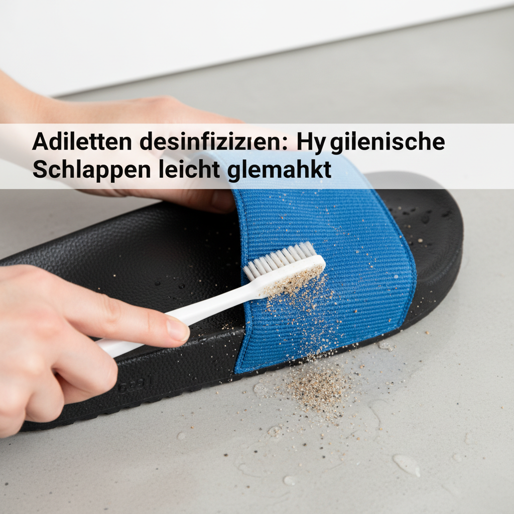 A realistic photo taken from an overhead perspective, showing a person's hands carefully using a soft brush (like an old toothbrush) to remove visible dirt, sand, or debris from the sole and strap of an Adilette. Water droplets are subtly visible, suggesting a pre-rinse or initial cleaning phase. The background is a clean, neutral surface, emphasizing the practical and accessible nature of the cleaning action itself, perfect for a step-by-step guide.
