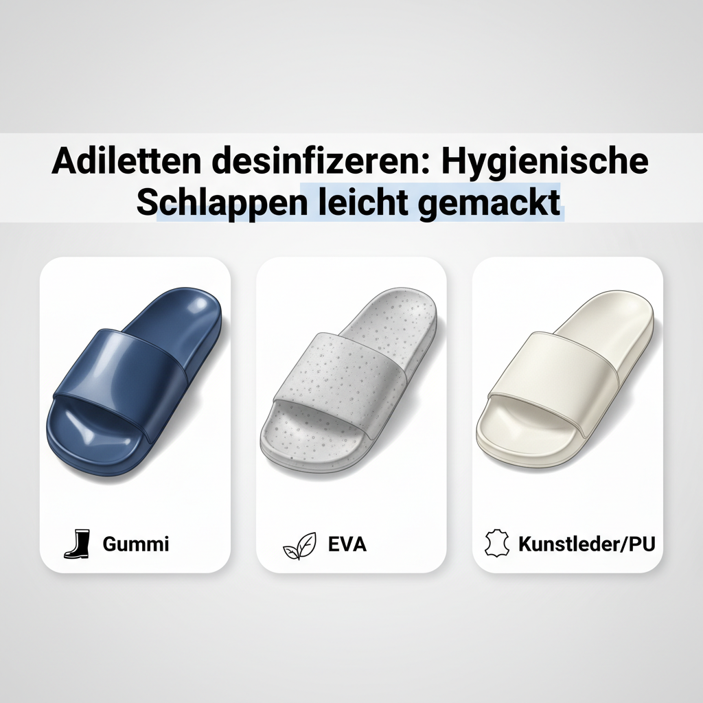 An infographic-style illustration showcasing three distinct Adilette sandals, each representing a common material: one made of classic glossy rubber, another of lightweight, textured EVA, and a third with subtle Kunstleder/PU straps. Each slide has a small, illustrative label or icon identifying its material (e.g., 'Gummi', 'EVA', 'Kunstleder'). The background is clean and minimalistic, allowing the different textures and material characteristics to stand out clearly.