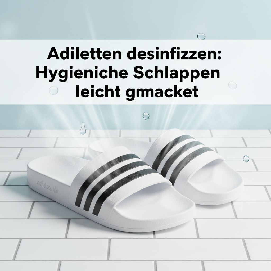 A professional, bright product photograph featuring a pair of freshly cleaned and sparkling Adiletten, positioned elegantly on a crisp, clean surface (like white tiles, a light wooden deck, or a pristine towel). Subtle, abstract elements like gentle light rays, soft, flowing water, or a hint of 'freshness' vapor could subtly emanate, emphasizing the hygienic and revitalized state of the slides. The image should evoke a sense of cleanliness, comfort, and readiness for use.