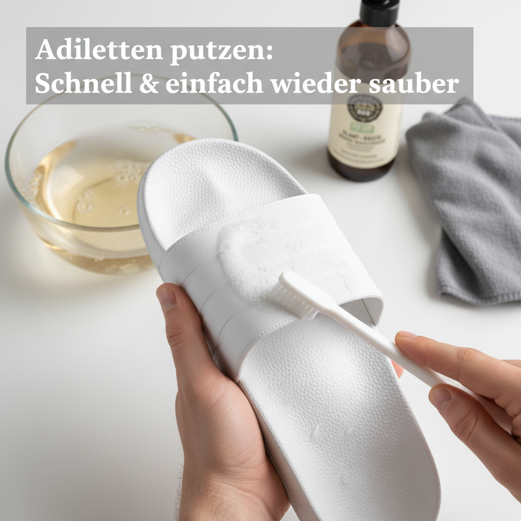 A close-up, high-angle shot of hands actively cleaning an Adilette. One hand holds the slide steady while the other uses a soft-bristled brush (like an old toothbrush) to gently scrub the footbed and strap. Mild soap suds are visible, mixed with water. In the background, out of focus, are essential cleaning items: a bowl of warm water, a bottle of eco-friendly dish soap, and a soft cloth, arranged neatly on a clean surface. The style should be bright and practical product photography.