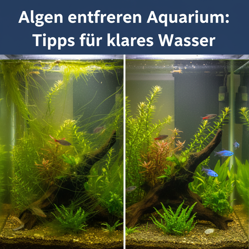 A split-image professional photo contrasting an unhealthy aquarium and a healthy one. On the left, a tank heavily covered with green filamentous algae on plants and glass, murky water, and barely visible fish. On the right, the same tank appears crystal clear, with vibrant, healthy plants, no visible algae, and active, colorful fish. The overall impression should be a dramatic 'before and after' transformation, emphasizing the article's promise of 'kristallklares Wasser'.