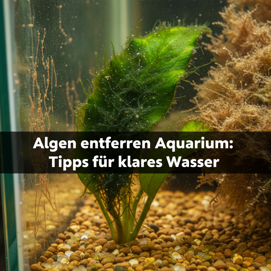 A detailed macro photo or realistic illustration capturing various types of algae overgrowth within an aquarium. Focus on a close-up view showing distinct patches: fuzzy green beard algae on a plant leaf, a brownish film of diatoms covering a section of gravel, and a thin, slightly reddish coating on the interior glass. The image should highlight the aesthetic problems and different textures of common aquarium algae, conveying the 'Ästhetische Beeinträchtigung'.