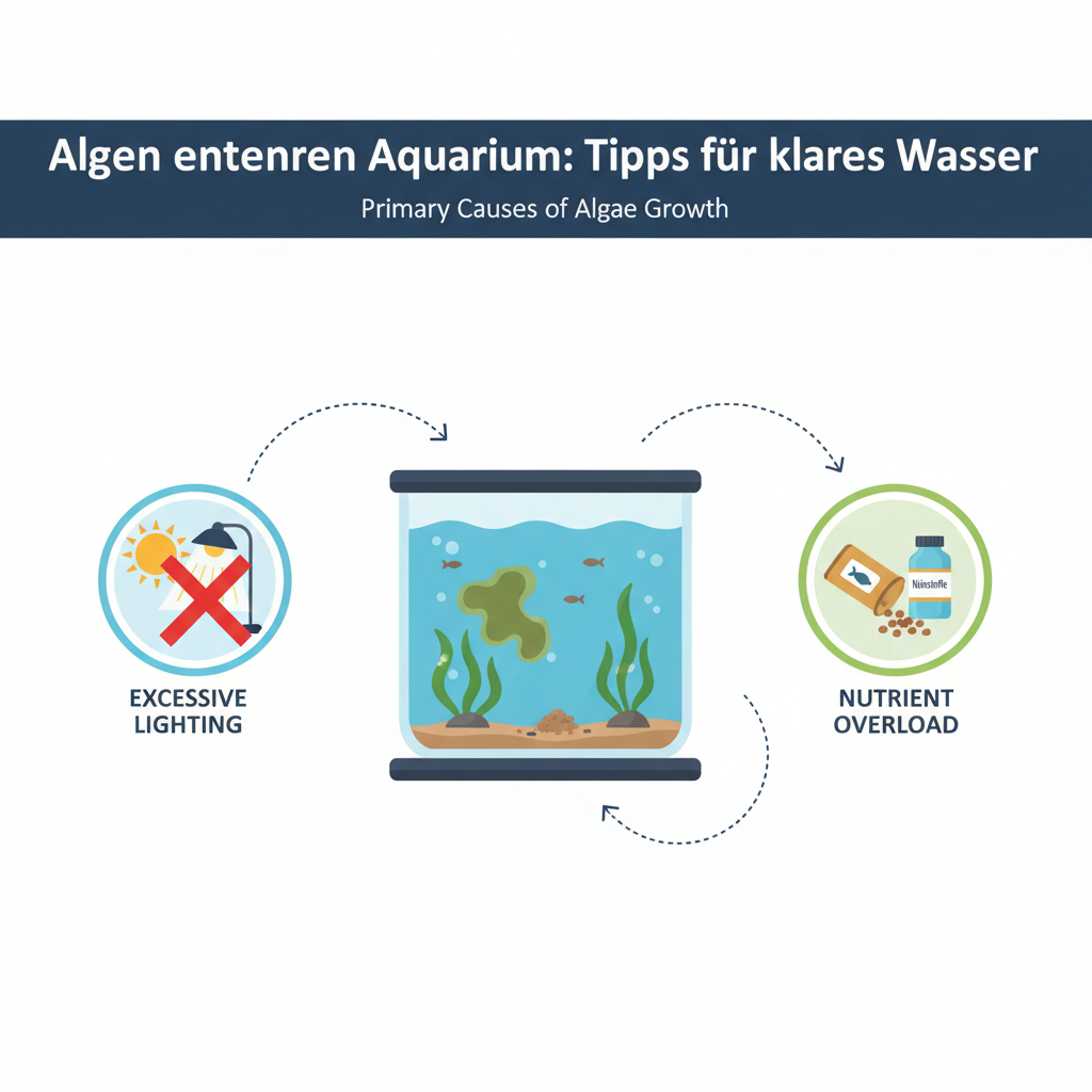 An infographic-style illustration visualizing the primary causes of algae growth in an aquarium. At the center, a stylized aquarium with a small, visible patch of algae. Arrows or connecting lines lead to it from two main icons: one representing 'Excessive Lighting' (e.g., an overly bright lamp or sun icon with an 'X' or 'too much' indicator) and another for 'Nutrient Overload' (e.g., overflowing fish food flakes or a bottle labeled 'Nährstoffe'). The style should be clean, modern, and easy to interpret.