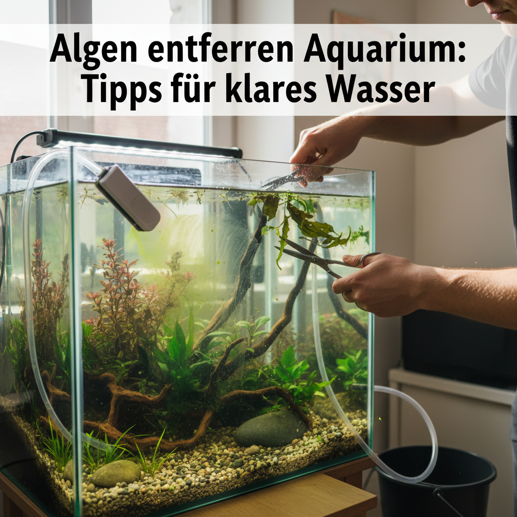 A professional photo or realistic illustration showing a person's hands actively performing aquarium maintenance to combat algae. One hand is using a long-handled algae scraper or magnet cleaner to remove green film from the inside of the aquarium glass. The other hand could be pruning a plant with aquascaping scissors or initiating a water change with a siphon. The image should convey diligence and effective action in a clean, well-lit environment, reflecting the 'Schritt für Schritt' aspect of the guide.