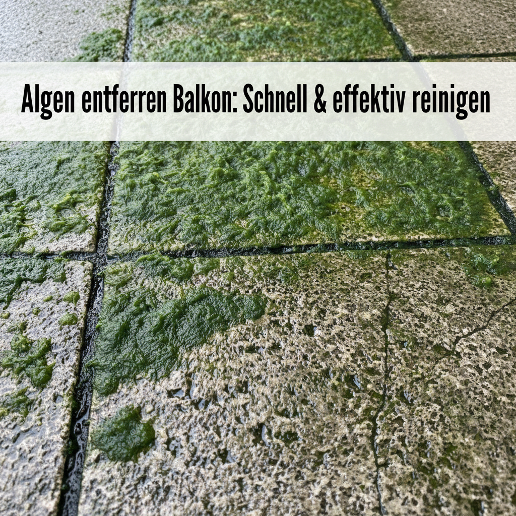 A detailed close-up professional photo of a neglected balcony floor, showcasing a thick, vibrant green layer of algae growing on rough concrete or stone tiles. Show water droplets or damp patches highlighting the moisture, with some algae creeping into grout lines or cracks. The overall impression should be unkempt and slightly slimy, emphasizing the problem and potential slipperiness. The lighting should highlight the texture of both the algae and the underlying surface.
