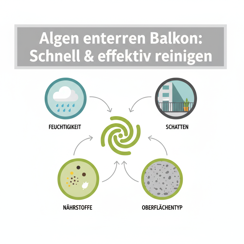An infographic style flat illustration visually explaining the causes of algae growth on balconies. Depict four distinct icons or zones: a rain cloud with water droplets (Moisture), a building casting a large shadow over a balcony (Shade), dust/pollen particles and a small bird dropping (Nutrients), and a magnified, porous surface texture (Surface type). Arrows should point from these causes towards a central stylized algae symbol, using a clean and modern design.